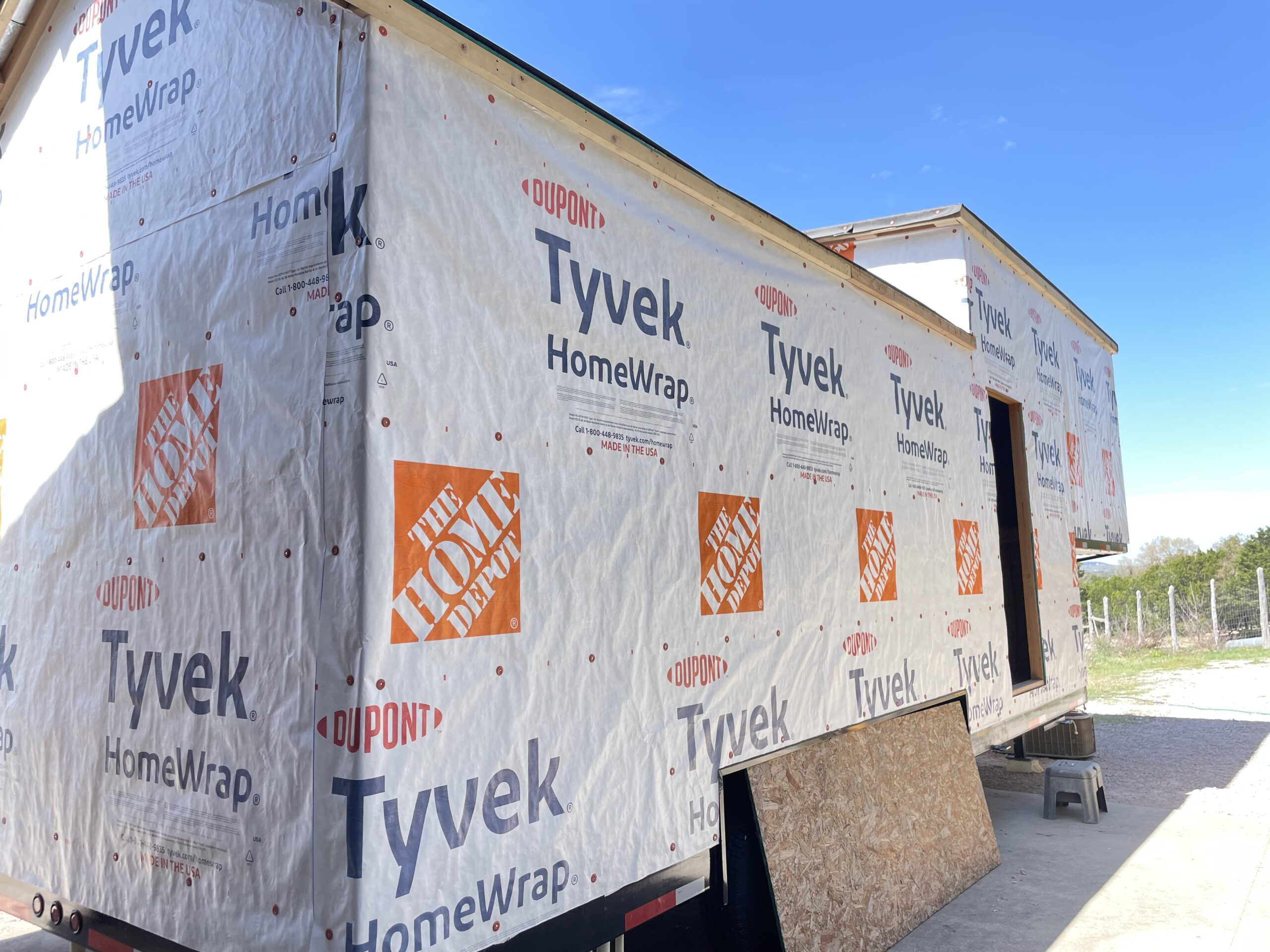 Tyvek house wrap on tiny house